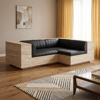 Canapé d'angle en marbre sur mesure, design moderne et écologique, structure beige en pierre, coussins en cuir noir, idéal pour appartement de luxe