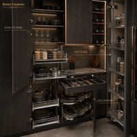 Meubles de cuisine modulaires modernes noirs avec évier, comptoir en bois massif et verre, robinet inclus, îlots, solution complète pour