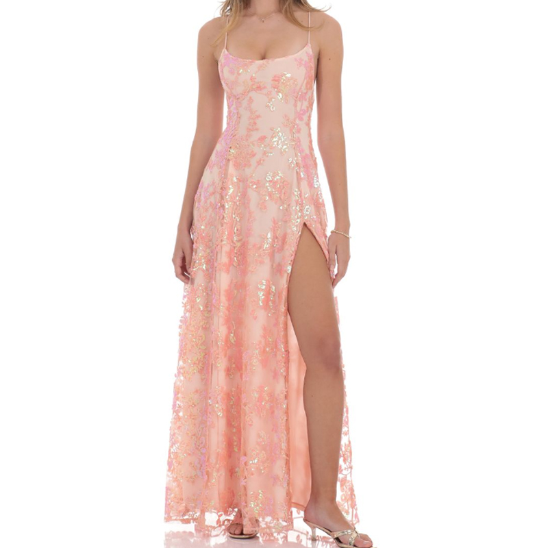 Women Embroidered Halter Sequin Shine Maxi Dress Pink Elegant Girls Shining  Spaghetti Strap Slit Evening Prom Party Dresses| Alibaba.com