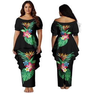 Gaun Gereja Elegan Wanita Motif Daun Monstera Custom Print, Gaun Panjang Model Swallow-Tail Hem untuk Wanita Samoa Polinesia, Set Aloha Puletasi - Product Image 1