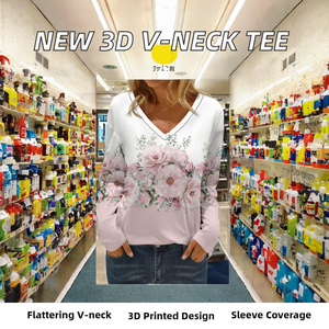 Nueva Llegada, Camiseta de Manga Larga con Logotipo Personalizado, Estampado 3D, Cuello en V, Informal, para Mujer, Otoño, Venta al Por Mayor - Product Image 2