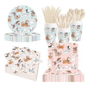 Plato de Papel con Diseño de Perro DAMAI, con Cinta Rosa y Patrón Ondulado, Plato de Papel Desechable, Vaso de Papel, Servilleta, Artículos para Fiestas - Product Image 2