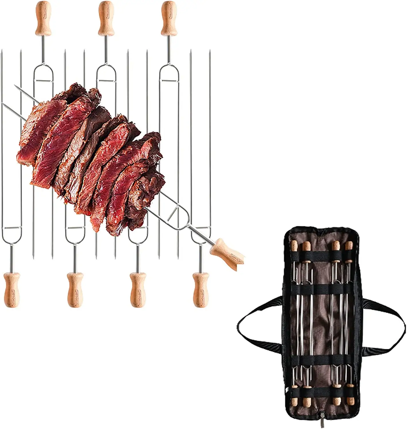 Espetos de churrasco de aço inoxidável, garfo portátil para acampamento ao ar livre, caminhadas, cabo de madeira da qualidade alimentar