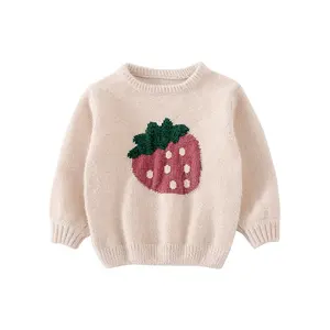 가을 겨울 어린이 부드러운 따뜻한 라운드 넥 스웨터 딸기 패턴 아기 소녀 셔닐 어린이 풀오버 스웨터