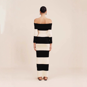 Nuovo <span class=keywords><strong>Abito</strong></span> <span class=keywords><strong>Lungo</strong></span> a Righe Elegante da Donna Stile Europeo-Americano e Coreano, Moda Autunnale, Spalle Scoperte, Aderente, <span class=keywords><strong>in</strong></span> <span class=keywords><strong>Maglia</strong></span> - Product Image 3