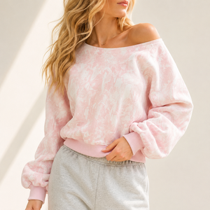 Sudadera Casual de Mujer Tallas Grandes con Hombros Caídos, Estampado Tie-Dye Mármol <span class=keywords><strong>Rosa</strong></span> y Dobladillo Acanalado Corto - Product Image 1