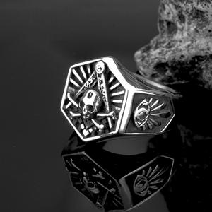Men's Hexagon Stainless Steel <b>Ring</b> Freemason Skull Design Hip Hop Style Gift Jewelry - Product Image 2