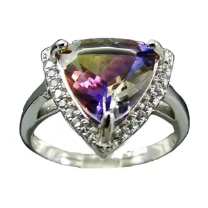 925 Sterling Silver Cubic CZ Halo Triangle Shape Ametrine Silver Tourmaline Ring