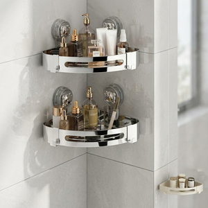 Étagère de salle de bain chromée à fixer en coin, 2 niveaux, support mural à ventouse, en acier inoxydable, organisateur de rangement gain de place - Product Image 1