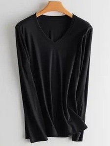 Women Solid T <b>Shirts</b> Silk Cotton Blend Plain O neck Long Sleeved <b>Tee</b> 2025 Spring Autumn Basic Top White <b>Black</b> - Product Image 2