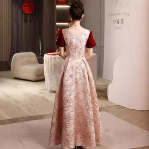French Style Toast Dress For Brides Burgundy Printed Satin Empire Waist Square Collar Wedding Gown With Zipper Contrast Color - Product Image 5