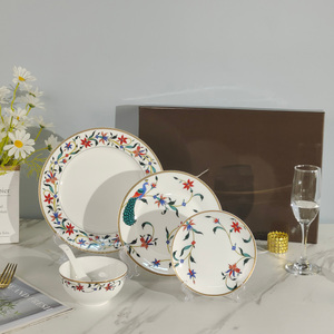 Juego de Platos y Tazones de Porcelana China con Diseño de Flores de Pavo Real, 5 Piezas, de Lujo, Alta Calidad, Vajilla Elegante con Logotipo Personalizado - Product Image 1