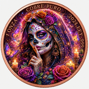 Pièce de monnaie en cuivre pur 1 oz, Jour des Morts, Rose Rouge, Dame Catrina, Cuivre fin 999, Pièce commémorative ronde - Product Image 1