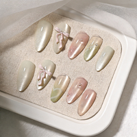 24 Uñas Postizas con Efecto Ojo de Gato en Degradado Rosa y Verde, con Lazo 3D y Perla, Hechas a Mano, Estilo Coreano Y2K