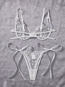White Heart Embroidery Lace Lingerie <b>Set</b> <b>Sexy</b> Sheer Mesh Womens Intimates Underwire Bra and Tie Side Thong Panties <b>Set</b> 2 Piece - Product Image 5