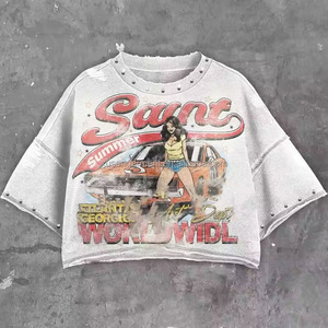 تصنيع قمصان قطنية قصيرة مخصصة بتصميم عصري جديد، تي شيرت فينتاج، ملابس الشارع، تي شيرت بأكمام قصيرة مزين بالأحجار الكريمة وقصة فضفاضة - Product Image 1