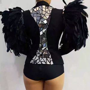 Conjuntos de Bikini de Spandex/Poliéster con Lente Reflectante y Diseño de Concha de Pájaro en Relieve, Abrigo con Plumas Divididas, para Danza del Vientre Gogo y Actuaciones DS - Product Image 3