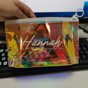 Bolsa holográfica de PVC para cosméticos, bolsa de maquillaje de viaje iridiscente brillante para chicas, con cremallera