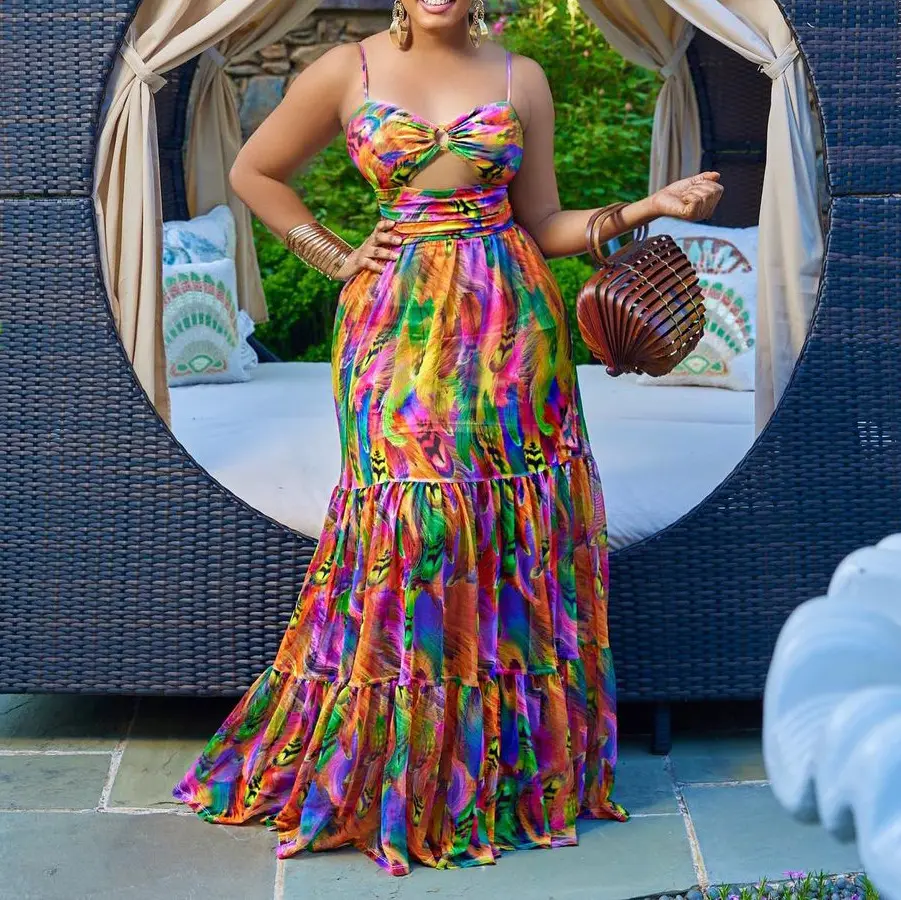 C8465 Mode Amerikaanse Afrika Kleding Plus Size Maxi Jurken Zomer Strand Print Zonnejurk Strap Sexy Jurk Casual Jurken