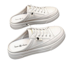 Chaussures plates décontractées polyvalentes en cuir véritable blanc pour femme, style demi-mule, nouvelle collection été 2026, à bout fermé sans talon - Product Image 5