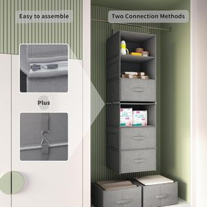 6 Tier Hanging Closet Organizer With Drawers And Pockets For Bedroom Clothing Storage Rectangular <b>Hook</b> Type Non Woven Fabric - Product Image 5
