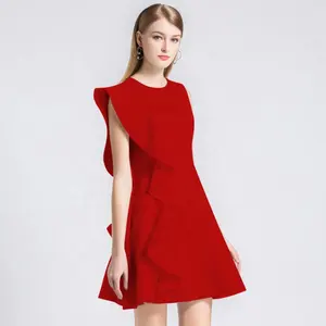 MZ18135 Wholesale Good Quality Woman O-neck Center Zip Party Sleeveless Ruffled A line Mini Dress