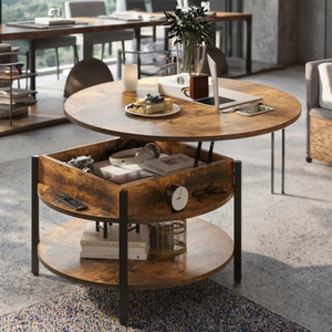 Farmhouse-Style 2-Tier Small Circle Dining <strong>Table</strong> with Hidden Compartment Lift-Top Design for Storage for Living Reception Rooms - Product Image 6