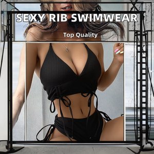 Costume da bagno Sexy da donna di alta qualità tessuto a costine modello solido per nuotatori femminili - Product Image 2