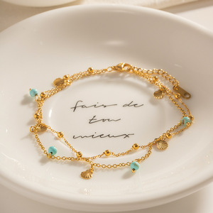 ERESI Summer INS Double chevillère moderne en acier inoxydable plaqué or 18 carats, anti-ternissement, avec pierre turquoise, bijou de plage et de <span class=keywords><strong>piscine</strong></span> - Product Image 4