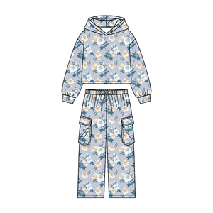 Ensemble sweat à capuche gris à fleurs pour petites filles, sweat à capuche imprimé fleurs bleu poussière + pantalon cargo, vêtements décontractés d'automne pour enfants - Product Image 4