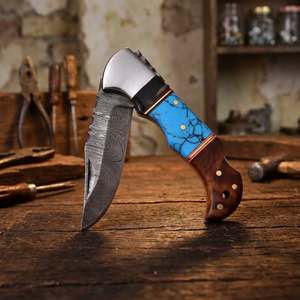 Cuchillo de Combate de Acero de Damasco con Punta Caída, Mango Azul, Empuñadura de Madera, Borde Recto, OEM/ODM, 6.5 Pulgadas de Longitud Total - Product Image 4