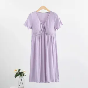 Chemise de nuit de maternité longue multifonction et agréable pour la peau, manches courtes, col en V croisé, vêtements de nuit d'allaitement sexy en modal pour l'allaitement