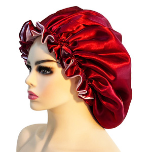 Bonnets de nuit en satin double épaisseur avec logo personnalisé, bonnets de sommeil en soie satinée pour femmes, bonnets de créateur, bonnets en satin assortis mère et fille - Product Image 2