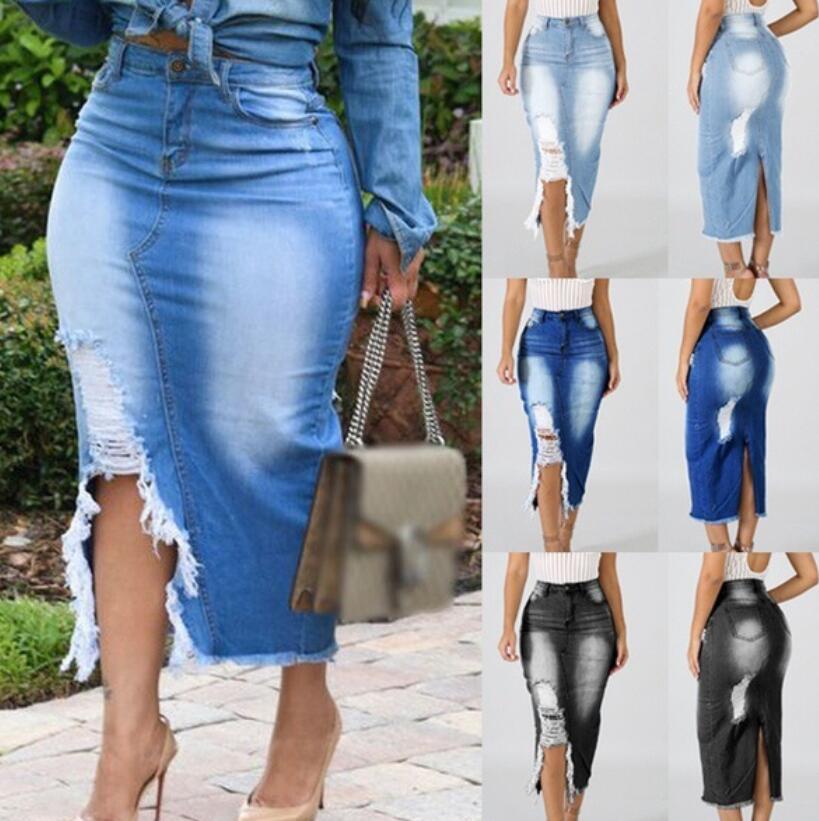 Jupe Crayon En Jean Femme Taille Haute Extensible - Midi A-Ligne Bodycon Sexy Élégante Casual Été Automne