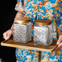 Bocaux de rangement en verre gaufré vintage avec couvercles en bois, boîtes hermétiques pour aliments de cuisine, pour épices, café, thé, ensemble de bocaux à épices