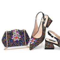Ensemble chaussures et sac pour femme, chaussures à talon carré ouvertes, à enfiler, en PU, avec talon de 6 cm, lanières convertibles plates, pierres résistantes à l'usure, été