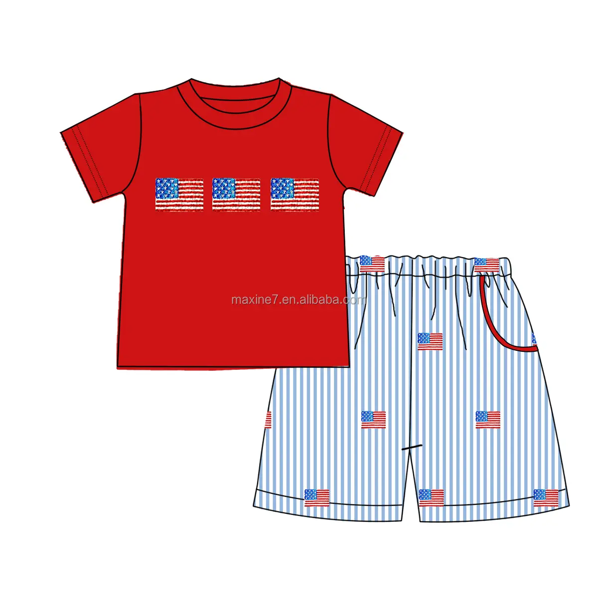 High quality july 4th kids clothing embroidery seersucker two piece girl outfits us flag french knot girl sets