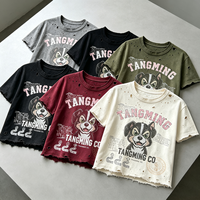 T-shirt court vintage déchiré à manches courtes pour homme, motif chien de dessin animé, bords effilochés, coupe décontractée, marque de mode urbaine personnalisée