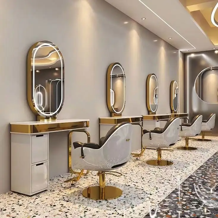 High Quality Large Full Length Gold Styling Barber Salon Furniture Wall Mounted Hairdressing Makeup Led Beauty Salon Mirror