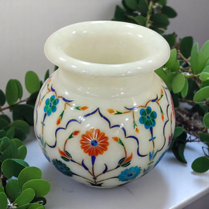 Maceta de mármol blanco pulido de 3 \ "con incrustaciones de piedra multicolor Producto artesanal de piedra Premium - Product Image 3