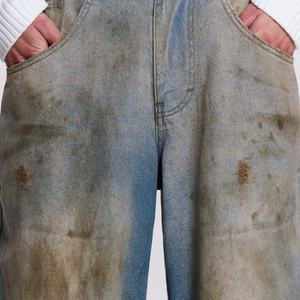 กางเกงยีนส์เดนิมหนาน้ำหนักมากคุณภาพสูงสไตล์วินเทจสั่งทำโลโก้ได้ ล้างสีแบบมัดวอช ขอบขาดๆ ทรงแบ็กกี้สำหรับผู้ชาย ขายส่ง - Product Image 5