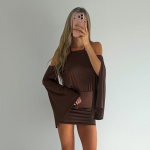 Women's <b>Brown</b> Shoulder Knit Mini Dress Backless <b>Tie</b> Back Long Sleeve Sexy Club Party Night Bodycon Polyester/Spandex Natural - Product Image 2