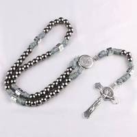 Nouveauté Collier de prière en corde tressée avec perles de 10 mm, pendentif en alliage en forme de croix, collier de prière catholique en paracorde