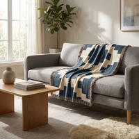 Plaid Moderne Géométrique Jacquard Tissé avec Franges et Pompons pour Canapé et Lit, Motif Ethnique Audacieux à Blocs, Couverture d'Accent Décorative pour la Maison