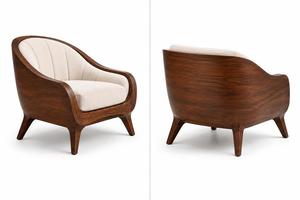 Fauteuil courbé de style mid-century, rembourré en tissu marron, avec structure en bois sculpté, pour salon. - Product Image 2