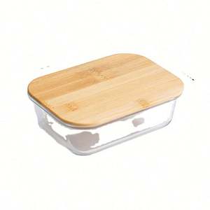 Nouveau-né Récipient de conservation en verre de bambou approprié avec couvercle en bois Boîte de conservation et bol en verre - Product Image 1
