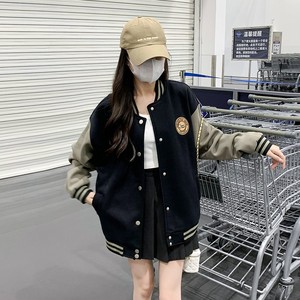 Women's Black Khaki Baseball Jacket Medium Thickness Woven Casual Loose College Style Spring Autumn Coat - Product Image 4
