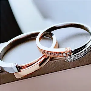 Wedding Jewelry Solid 18K Real Gold Wedding Band Ring Female Male 2 Tone Rose Gold White Gold Ring Set Diamond Couple Ring