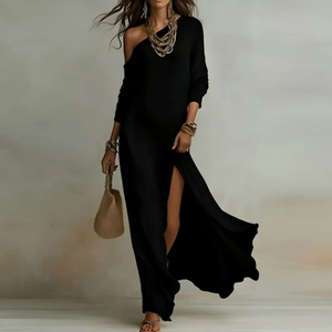 Robe Rétro Élégante Prête à l'Expédition pour Femme – Coupe Ample, Couleur Unie, Épaule Dénudée, Fendue, Manches Longues, Confortable et Stylée pour l'Extérieur - Product Image 2