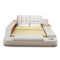 Ensembles de chambre à coucher modernes multifonctionnels en cuir avec massage, USB, musique, lit de mariage sexy pour couple, style tatami, avec coffre de rangement